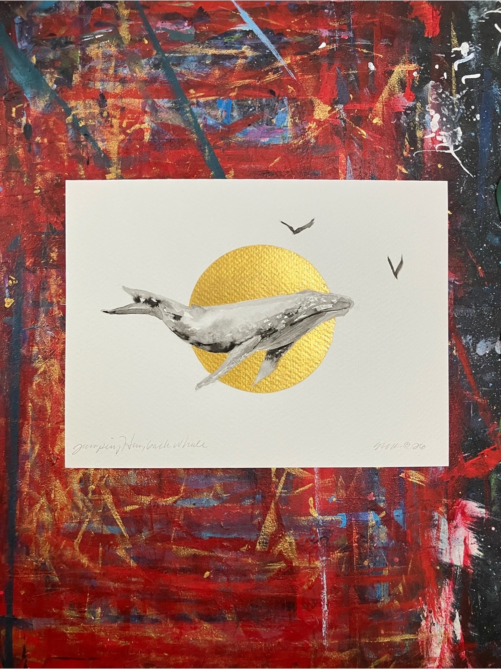 Original whale sunset painting jumping whales gold accent ocean artwork nautical
